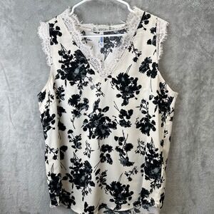 VIISHOW Womens L Floral Blouse Cream Black Lace Trim Victorian Shabby Chic Boho